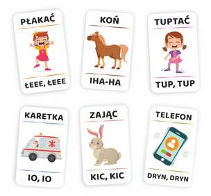 Karty obrazkowe. Onomatopeje - zestaw 45 kolorowych kart