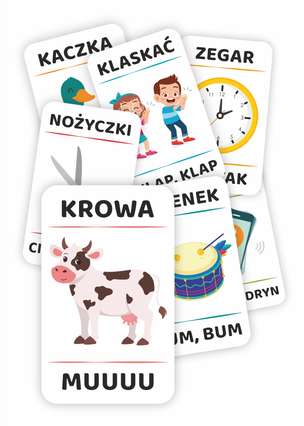 Karty obrazkowe. Onomatopeje - zestaw 45 kolorowych kart