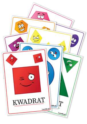 Plansze edukacyjne. Figury geometryczne DUŻE A4 (zestaw 8 kolorowych kart)