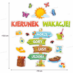 Dekoracje szkolne i przedszkolne - Kierunek wakacje - napis dekoracyjny XL (22 elementy, jednostronne)
