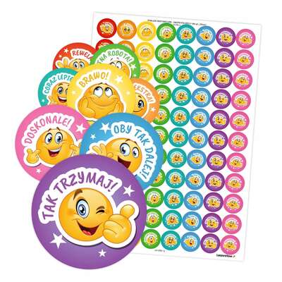 Naklejki motywacyjne Emotki buźki z polskimi napisami - zestaw 88 szt. (20 mm)