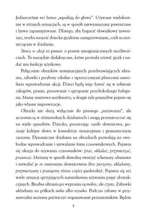 Słowa w akcji - Seria obrazków i plansz do wczesnego wspomagania rozwoju mowy. Ubrania, zabawki i przybory szkolne