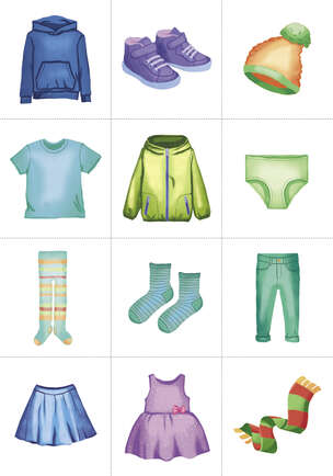 Słowa w akcji - Seria obrazków i plansz do wczesnego wspomagania rozwoju mowy. Ubrania, zabawki i przybory szkolne