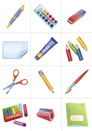 Słowa w akcji - Seria obrazków i plansz do wczesnego wspomagania rozwoju mowy. Ubrania, zabawki i przybory szkolne