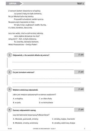 Czytanie ze zrozumieniem. Wybór testów dla klasy 7